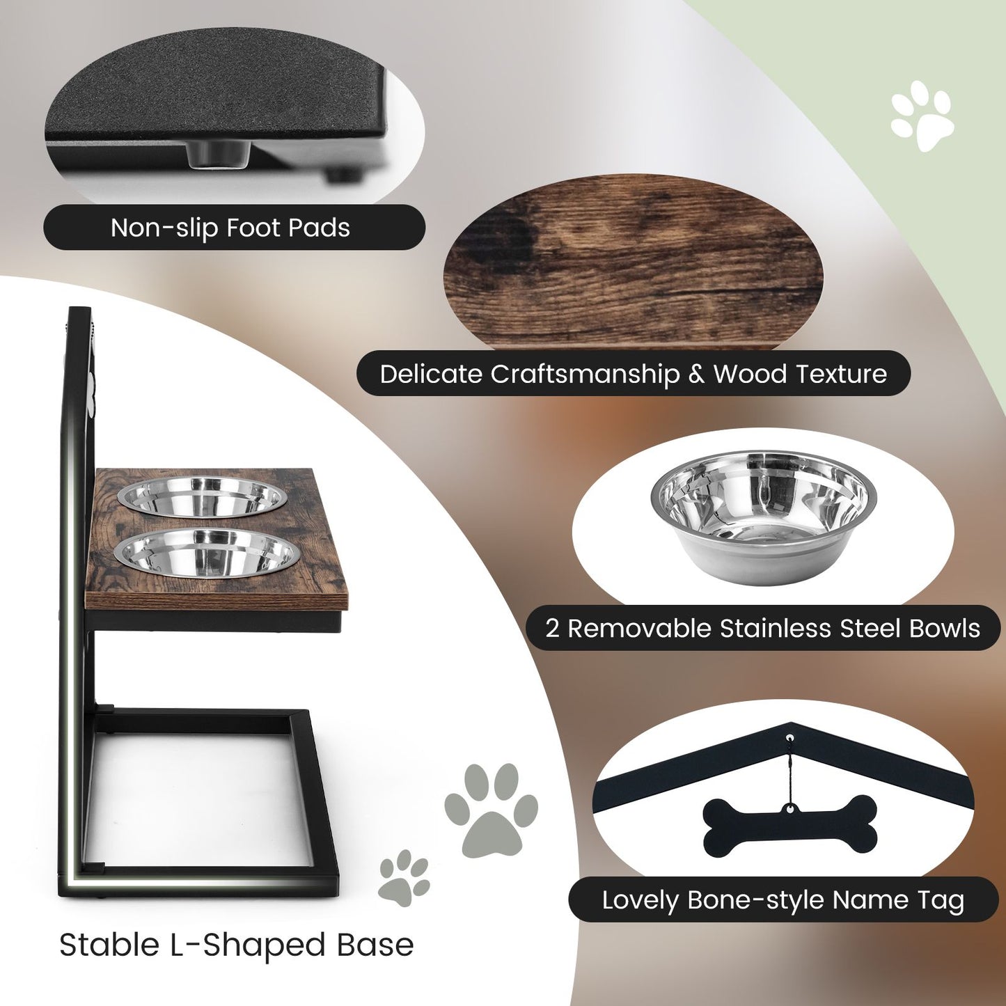 5 Heights Elevated Pet Feeder with Detachable Stainless Steel Bowl for Dogs