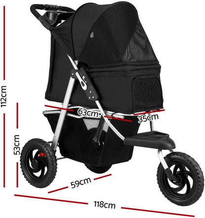 Pet Stroller, Double Cat Dog Carrier Backpack Travel Strollers Pram Seat Trolley Outdoors Transport Carriers, Folding with 3 Wheels Removable Cushion Black