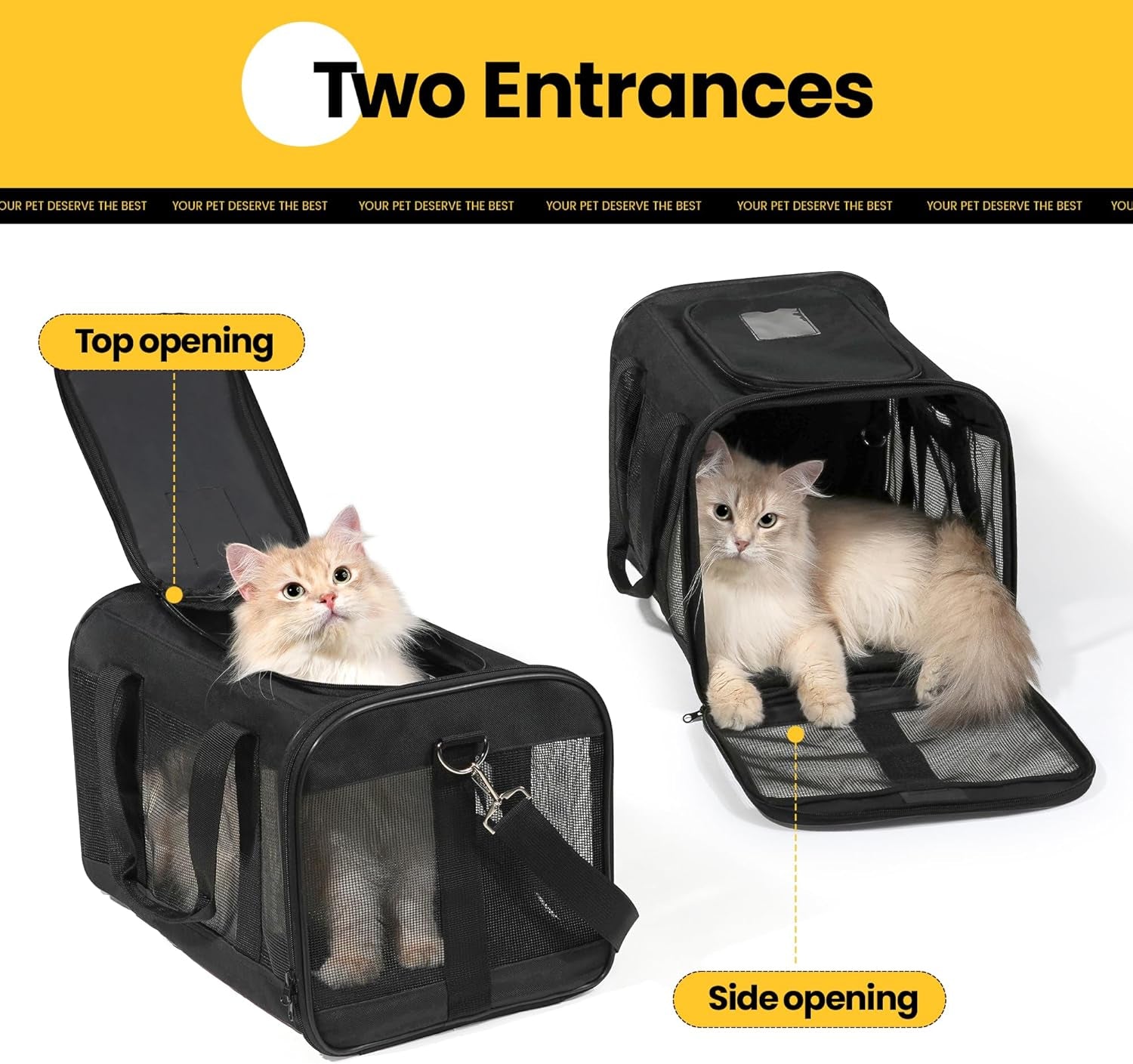 Cat Carrier Airline Approved, Soft-Sided Dog Carrier with Inner Safety Leash, Pet Transport Carrier for Small-Medium Cats Puppies up to 15 Lbs, Collapsible Travel Kitten Carrier Bag -Blackm