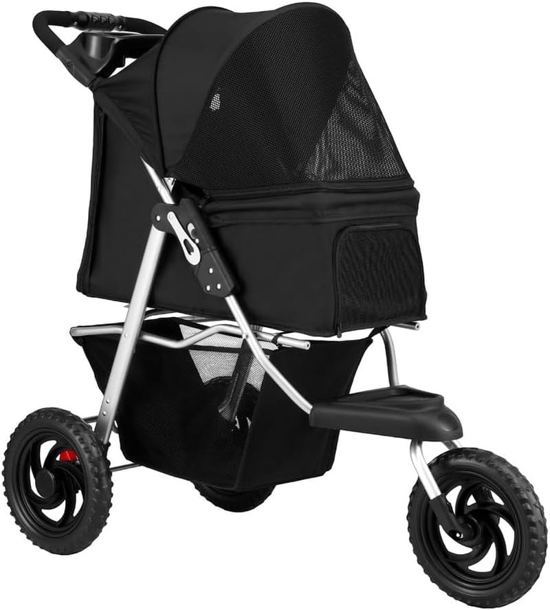 Pet Stroller, Double Cat Dog Carrier Backpack Travel Strollers Pram Seat Trolley Outdoors Transport Carriers, Folding with 3 Wheels Removable Cushion Black