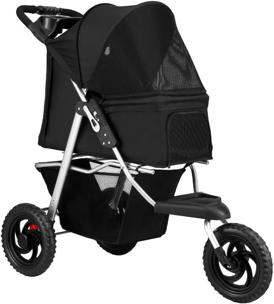 Pet Stroller, Double Cat Dog Carrier Backpack Travel Strollers Pram Seat Trolley Outdoors Transport Carriers, Folding with 3 Wheels Removable Cushion Black