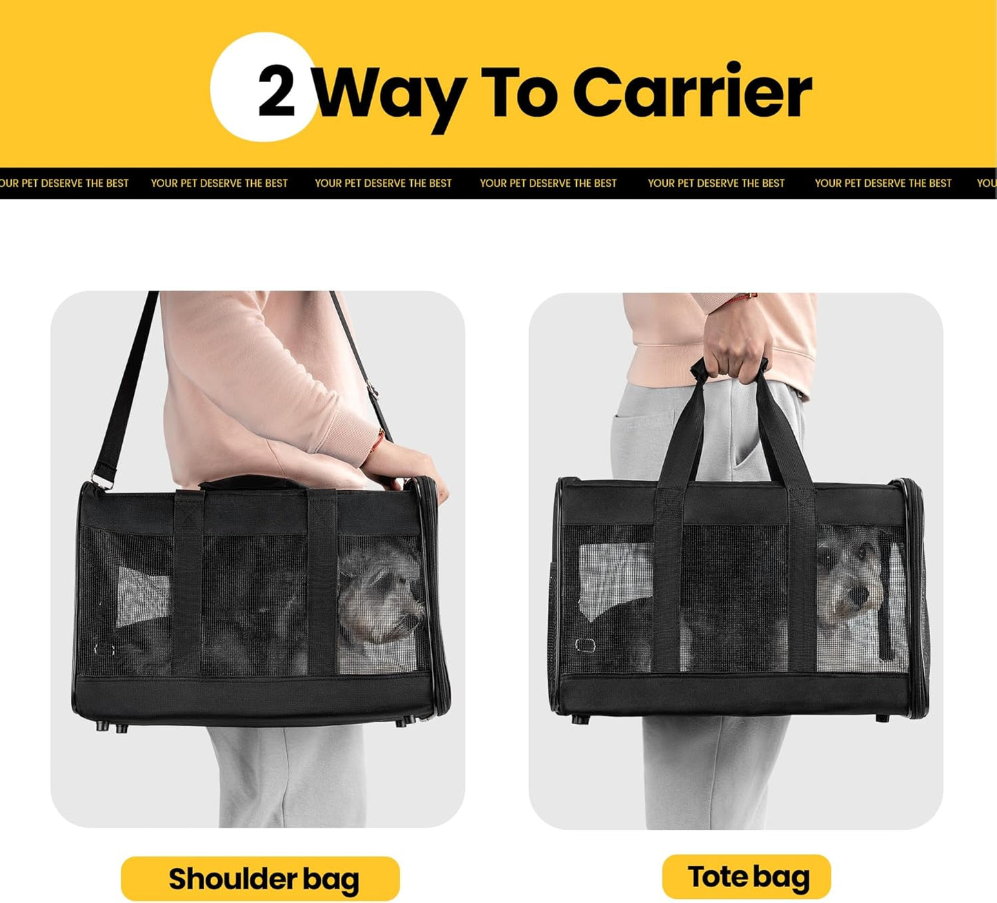 Cat Carrier Airline Approved, Soft-Sided Dog Carrier with Inner Safety Leash, Pet Transport Carrier for Small-Medium Cats Puppies up to 15 Lbs, Collapsible Travel Kitten Carrier Bag -Blackm