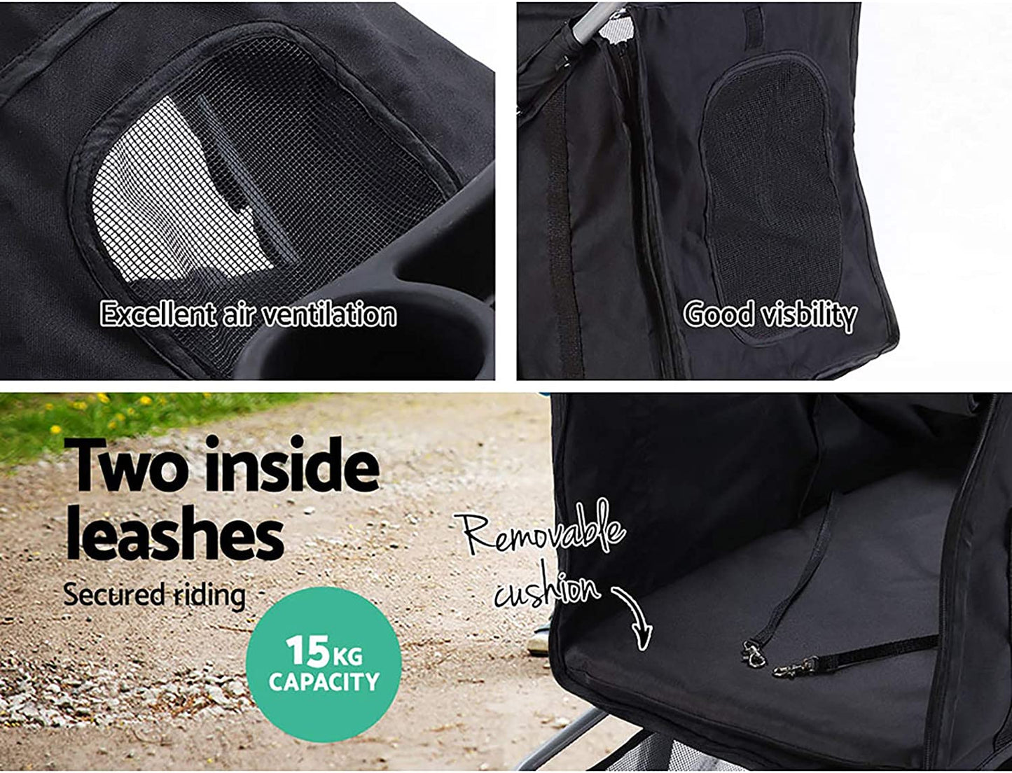 Pet Stroller, Double Cat Dog Carrier Backpack Travel Strollers Pram Seat Trolley Outdoors Transport Carriers, Folding with 3 Wheels Removable Cushion Black