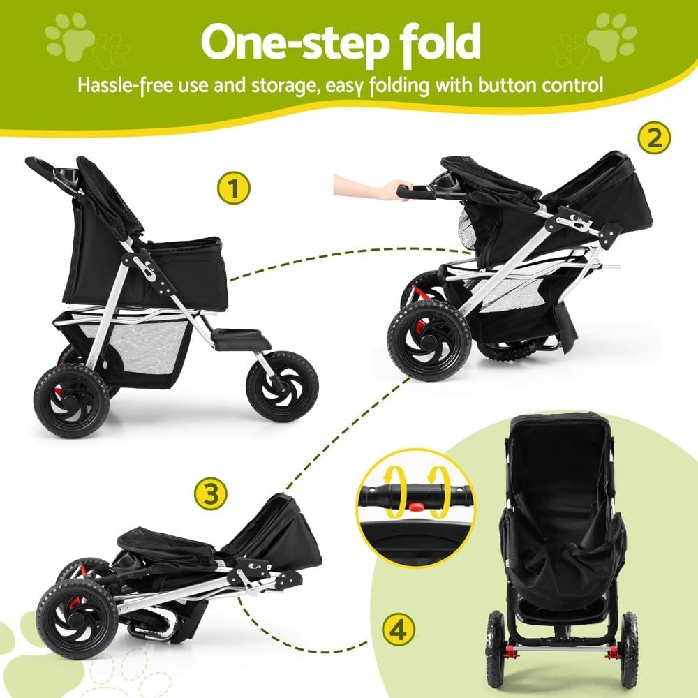 Pet Stroller, Double Cat Dog Carrier Backpack Travel Strollers Pram Seat Trolley Outdoors Transport Carriers, Folding with 3 Wheels Removable Cushion Black