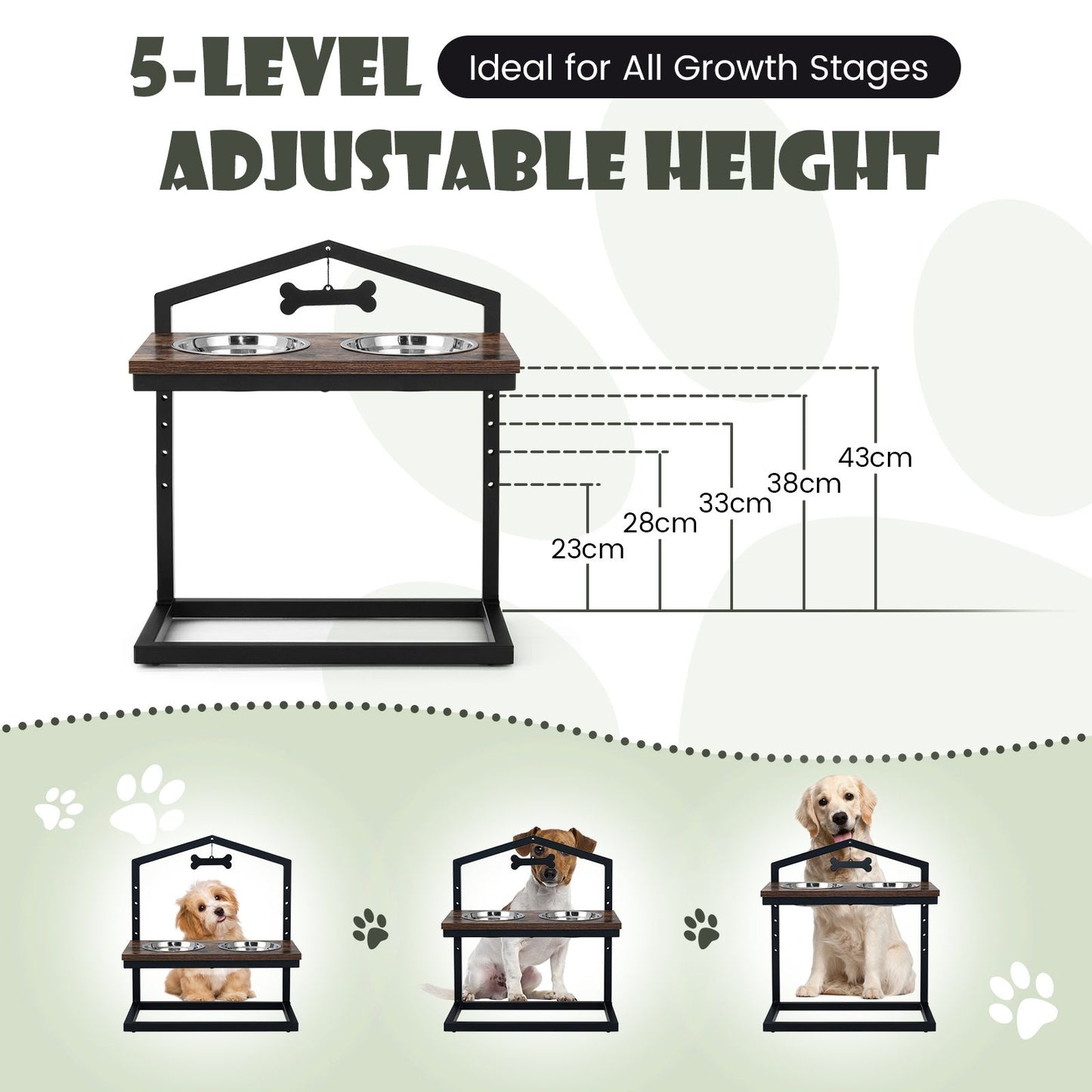 5 Heights Elevated Pet Feeder with Detachable Stainless Steel Bowl for Dogs
