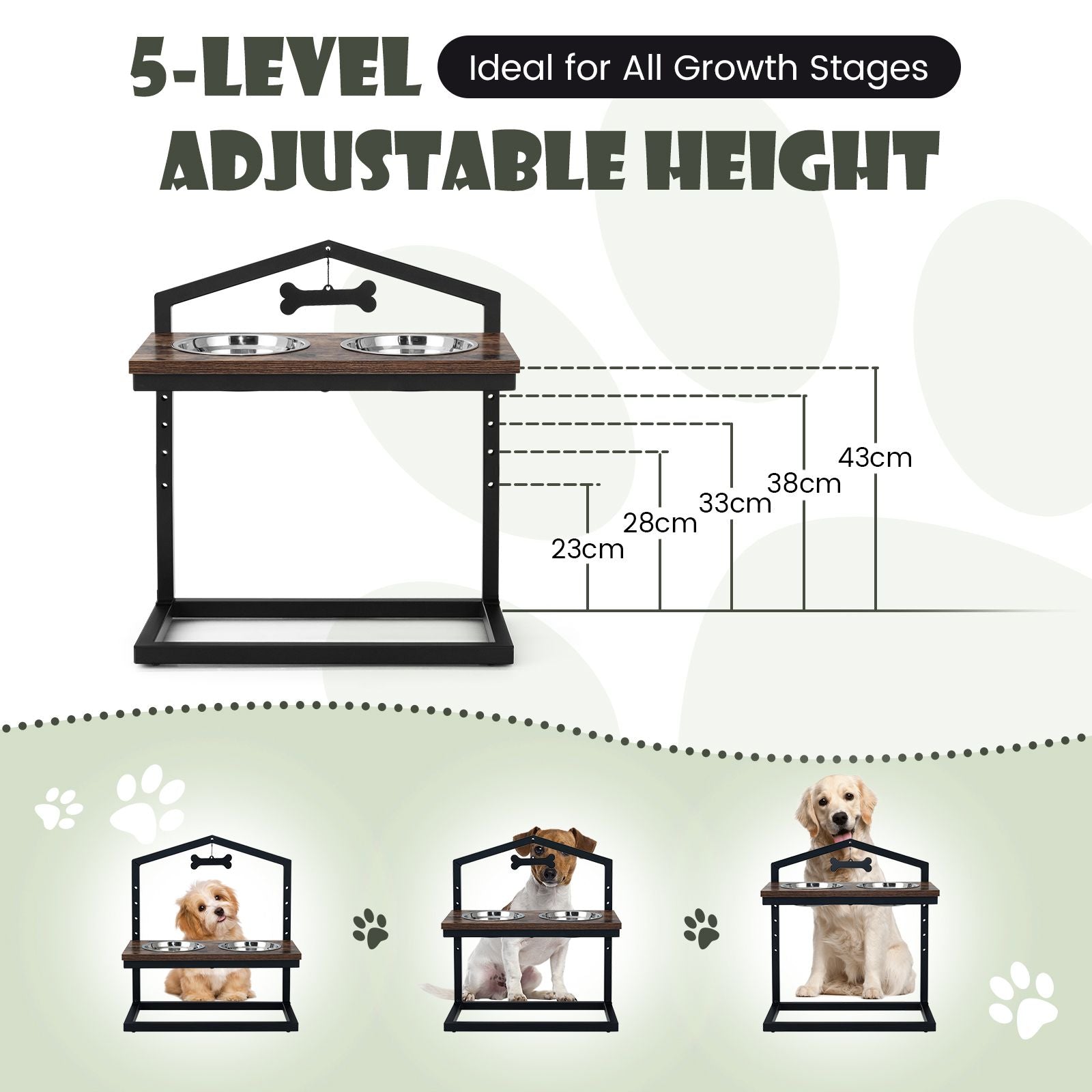5 Heights Elevated Pet Feeder with Detachable Stainless Steel Bowl for Dogs
