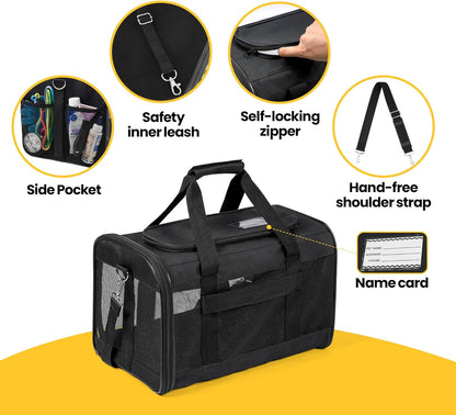 Cat Carrier Airline Approved, Soft-Sided Dog Carrier with Inner Safety Leash, Pet Transport Carrier for Small-Medium Cats Puppies up to 15 Lbs, Collapsible Travel Kitten Carrier Bag -Blackm
