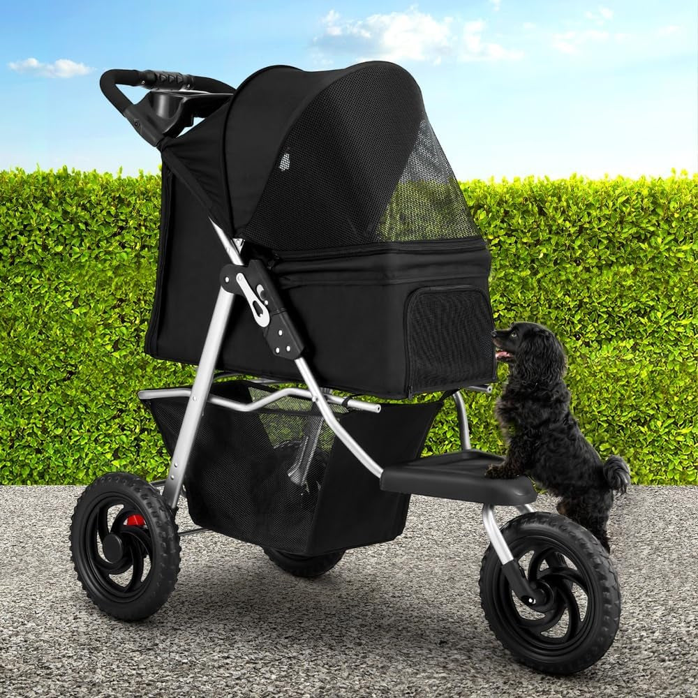 Pet Stroller, Double Cat Dog Carrier Backpack Travel Strollers Pram Seat Trolley Outdoors Transport Carriers, Folding with 3 Wheels Removable Cushion Black