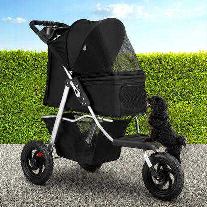 Pet Stroller, Double Cat Dog Carrier Backpack Travel Strollers Pram Seat Trolley Outdoors Transport Carriers, Folding with 3 Wheels Removable Cushion Black