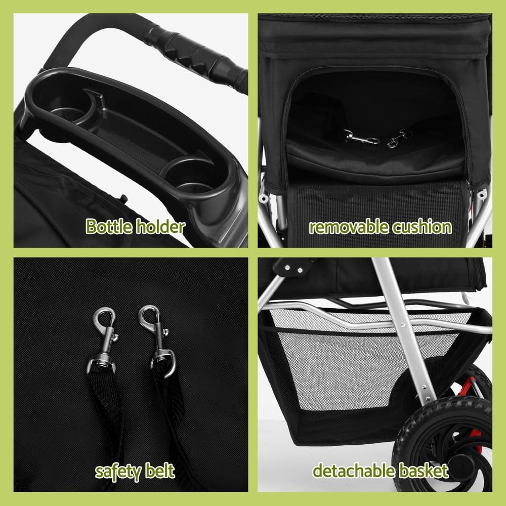 Pet Stroller, Double Cat Dog Carrier Backpack Travel Strollers Pram Seat Trolley Outdoors Transport Carriers, Folding with 3 Wheels Removable Cushion Black