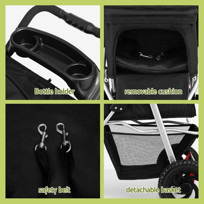 Pet Stroller, Double Cat Dog Carrier Backpack Travel Strollers Pram Seat Trolley Outdoors Transport Carriers, Folding with 3 Wheels Removable Cushion Black