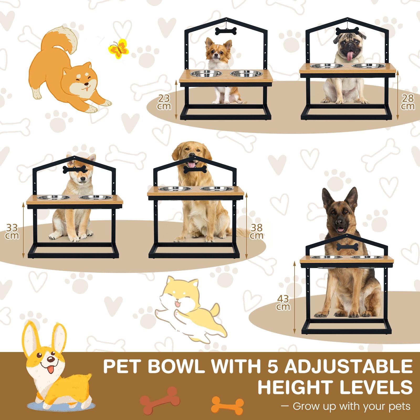 5 Heights Elevated Pet Feeder with Detachable Stainless Steel Bowl for Dogs
