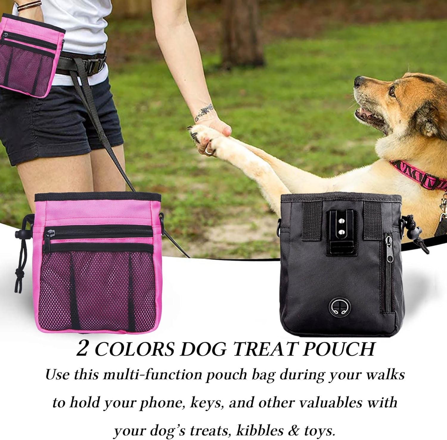 Dog Treat Pouch Dog Clicker Training Kit, Dog Training Treat Pouch Dog Clicker for Training, 3 Ways to Wear Easily Carries Treat Pouches for Pet Training (Black and Pink)