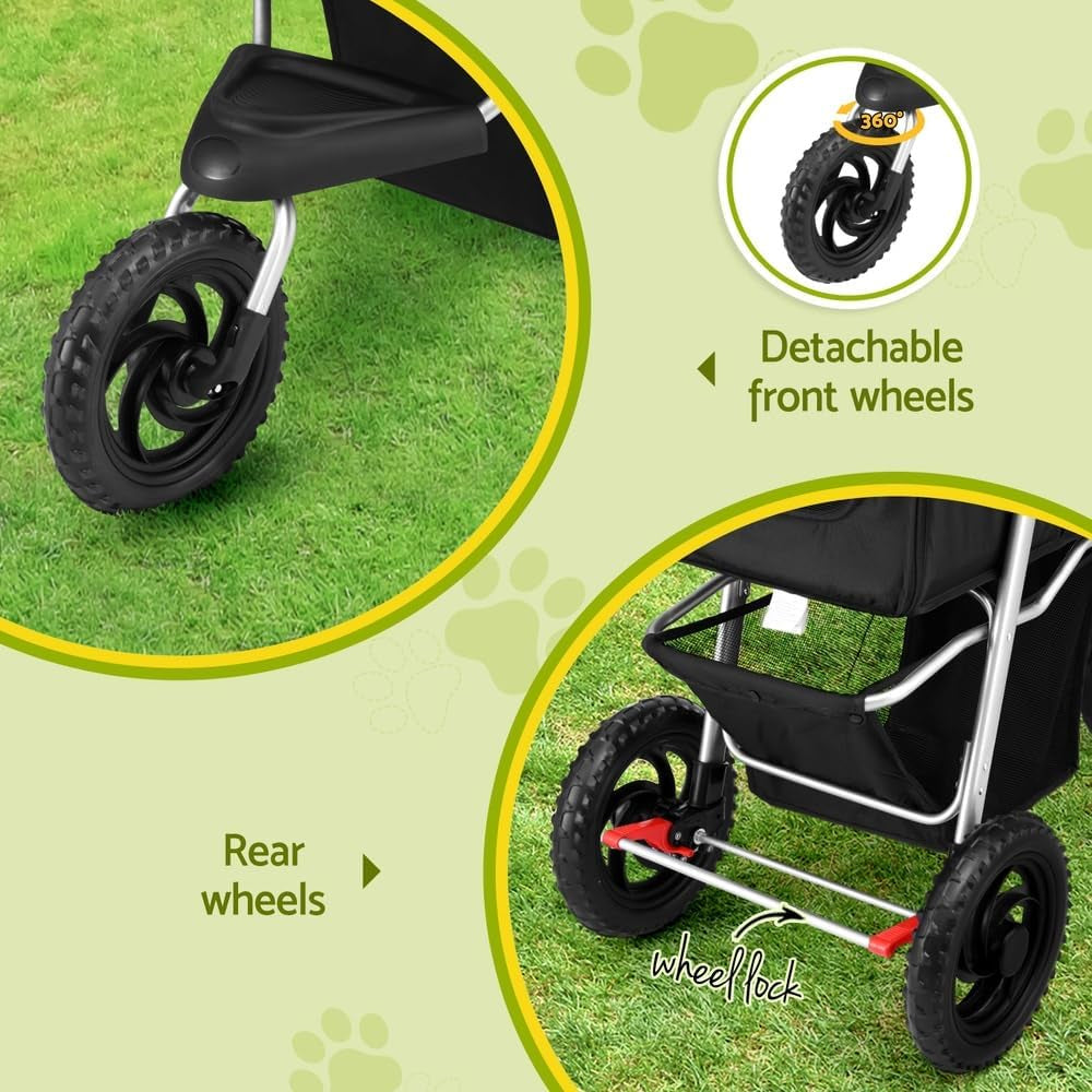 Pet Stroller, Double Cat Dog Carrier Backpack Travel Strollers Pram Seat Trolley Outdoors Transport Carriers, Folding with 3 Wheels Removable Cushion Black