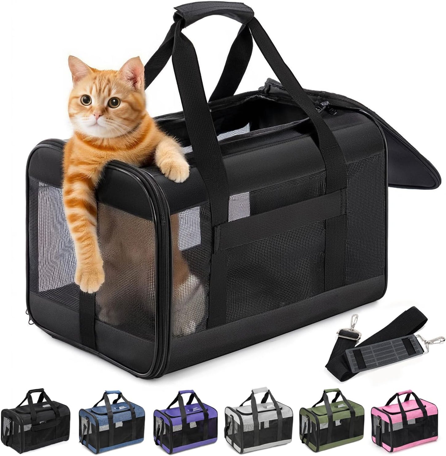 Cat Carrier Airline Approved, Soft-Sided Dog Carrier with Inner Safety Leash, Pet Transport Carrier for Small-Medium Cats Puppies up to 15 Lbs, Collapsible Travel Kitten Carrier Bag -Blackm