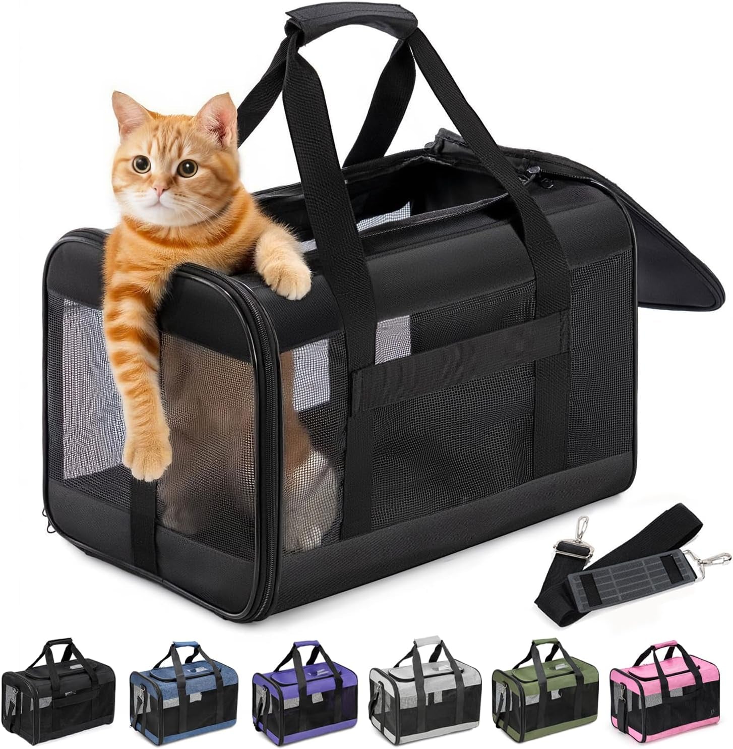 Cat Carrier Airline Approved, Soft-Sided Dog Carrier with Inner Safety Leash, Pet Transport Carrier for Small-Medium Cats Puppies up to 15 Lbs, Collapsible Travel Kitten Carrier Bag -Blackm