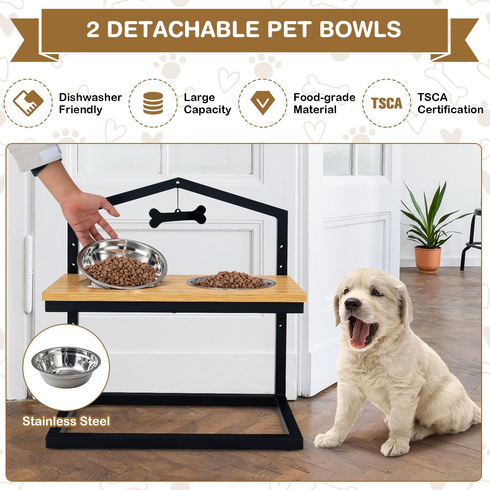 5 Heights Elevated Pet Feeder with Detachable Stainless Steel Bowl for Dogs