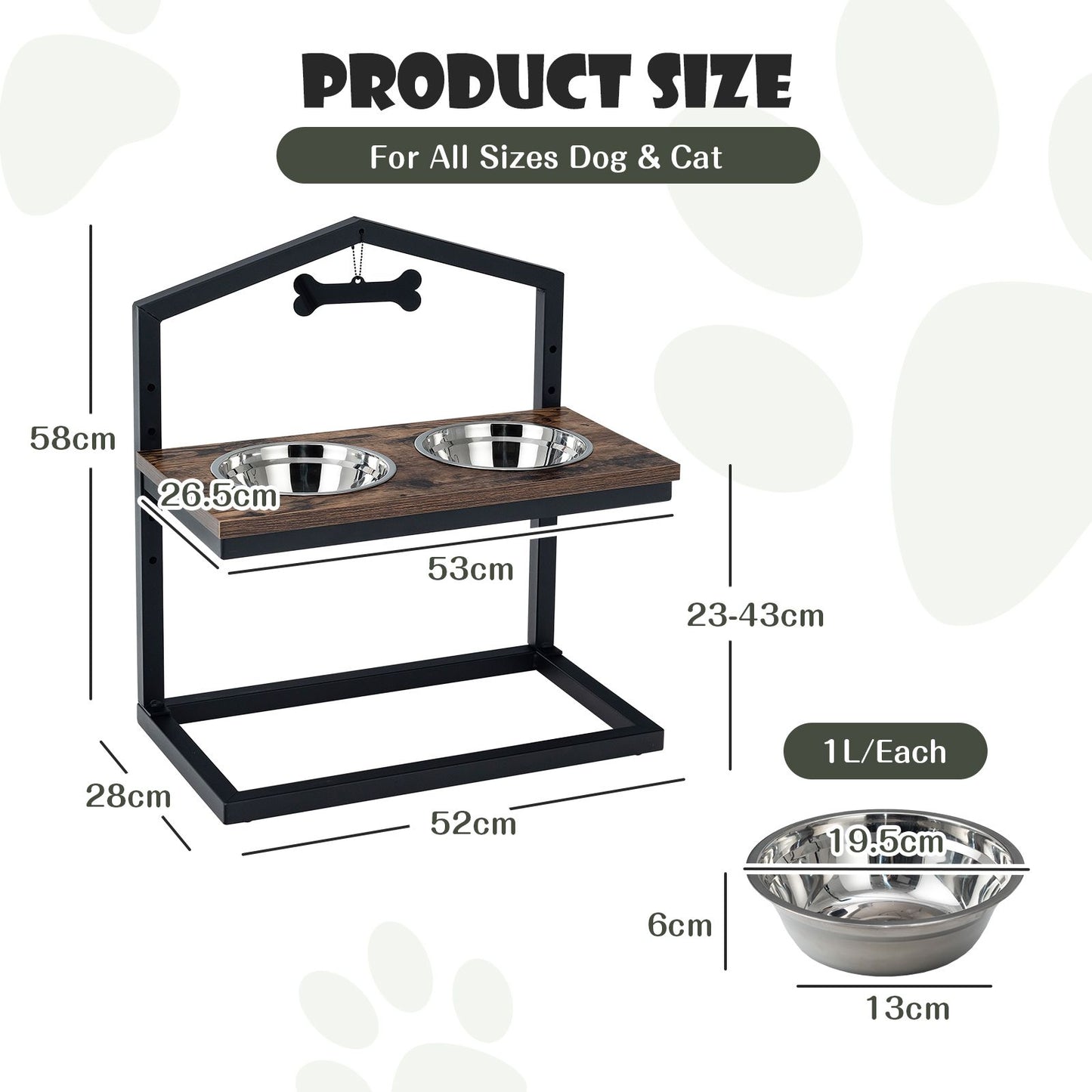 5 Heights Elevated Pet Feeder with Detachable Stainless Steel Bowl for Dogs