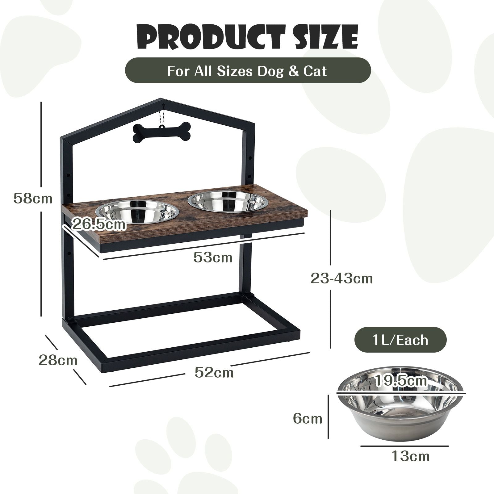 5 Heights Elevated Pet Feeder with Detachable Stainless Steel Bowl for Dogs