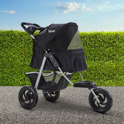 Pet Stroller, Double Cat Dog Carrier Backpack Travel Strollers Pram Seat Trolley Outdoors Transport Carriers, Folding with 3 Wheels Removable Cushion Black